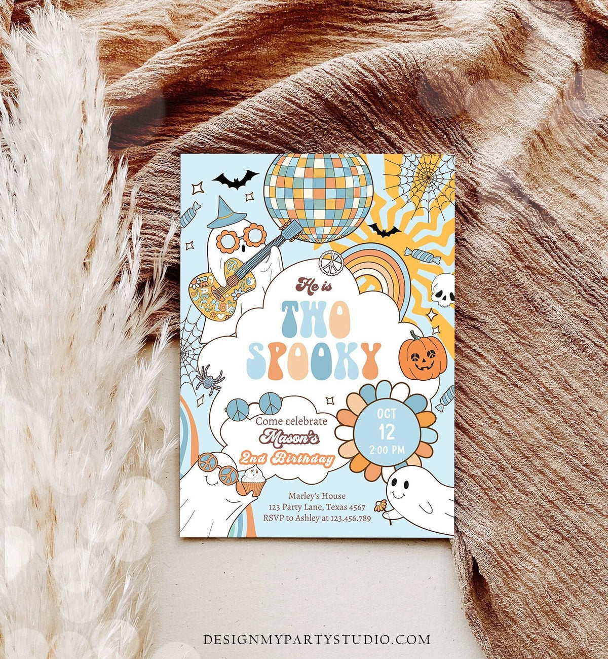 Editable Groovy Halloween Two Spooky Second Birthday Invitation Boy Ghost Party Blue Boo Spooktacular Party Digital Template Printable 0471