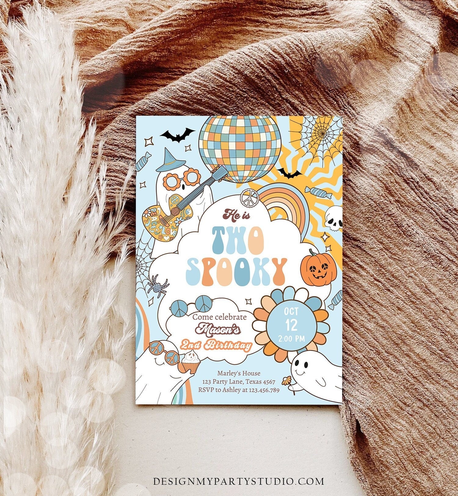 Editable Groovy Halloween Two Spooky Second Birthday Invitation Boy Ghost Party Blue Boo Spooktacular Party Digital Template Printable 0471