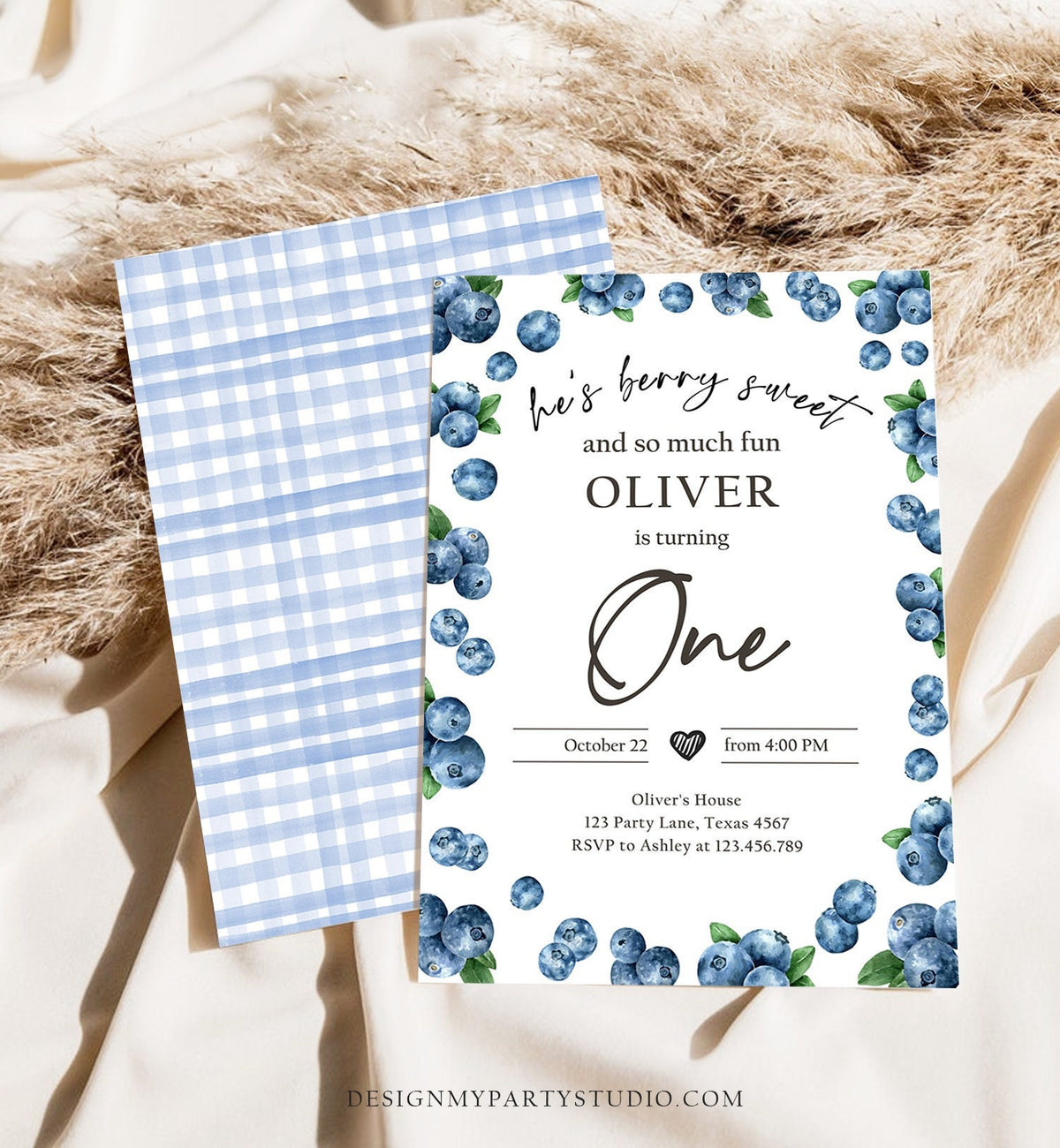 Editable Blueberry Birthday Invitation First Birthday Berry Sweet Boy Cute Blueberries 1st Digital Download Evite Template Printable 0399