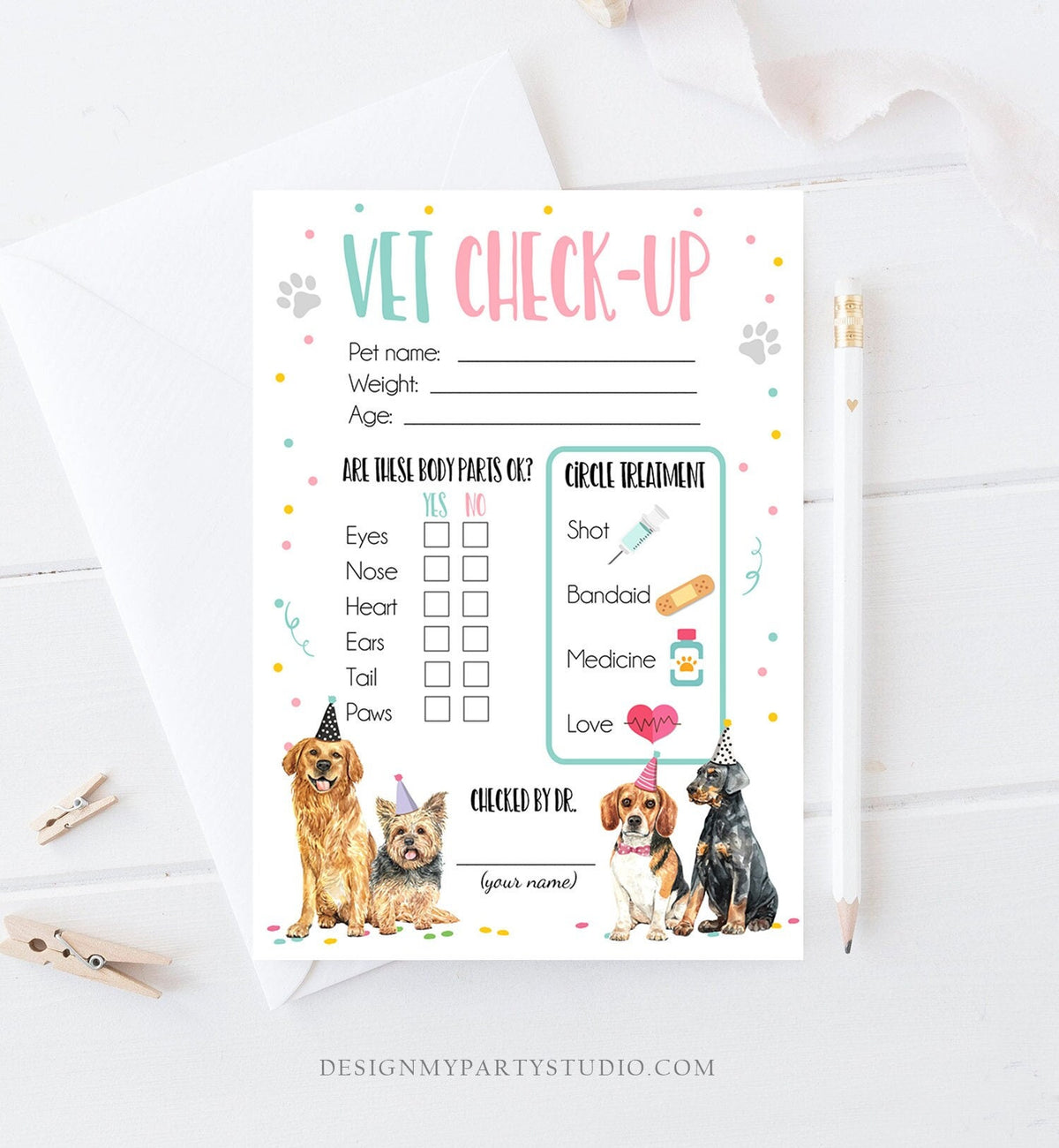 Vet Check Up Exam Sheet Pet Check-Up Dog Birthday Party Puppy Party Hospital Puppy Adoption Adopt a Pet Girl Pink Digital Printable 0384