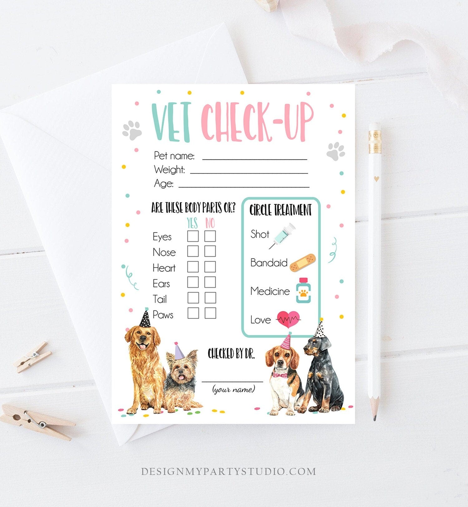 Vet Check Up Exam Sheet Pet Check-Up Dog Birthday Party Puppy Party Hospital Puppy Adoption Adopt a Pet Girl Pink Digital Printable 0384