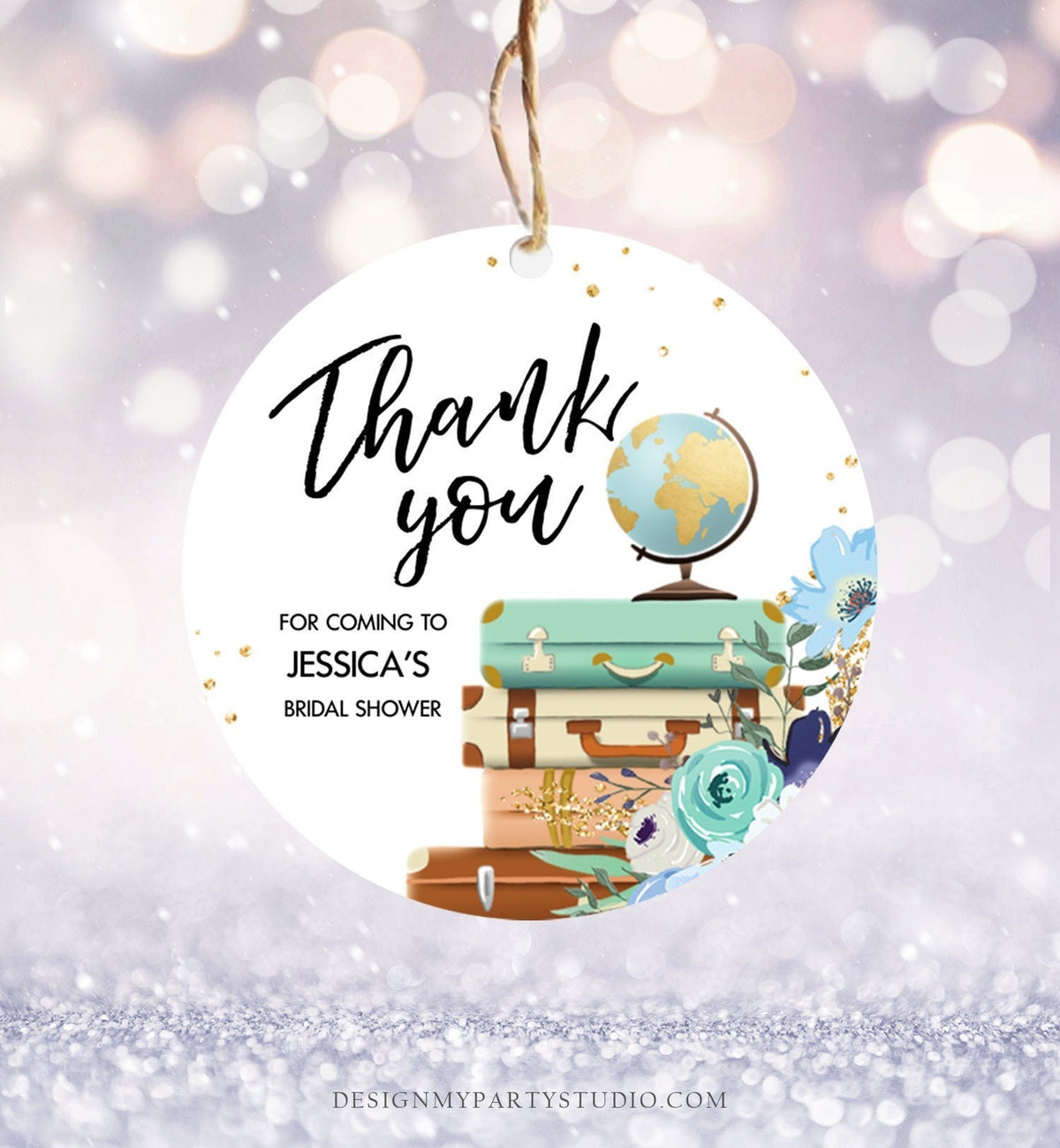 Editable Travel Favor Tag Thank You Gift Tag Adventure Bridal Shower Blue Floral Gold Round Square Stickers Digital Template Printable 0030