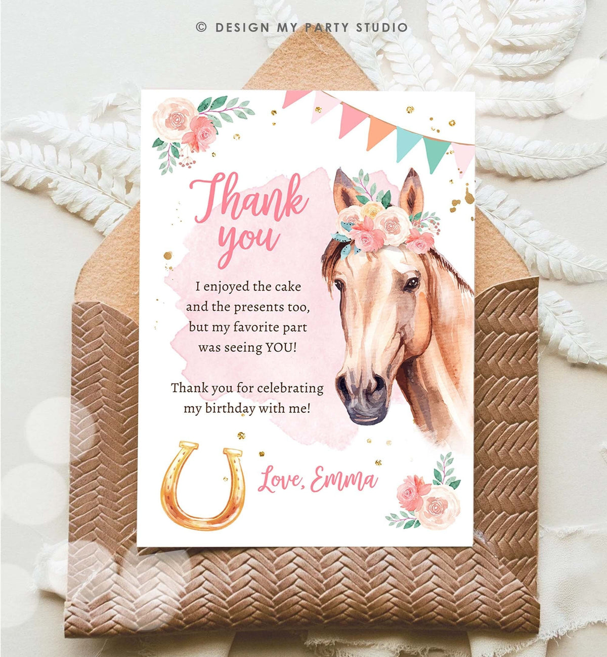 Editable Horse Birthday Thank You Card Card Girl Horse Party Cowgirl Pink Floral Flowers Saddle Up Download Digital Template Printable 0398
