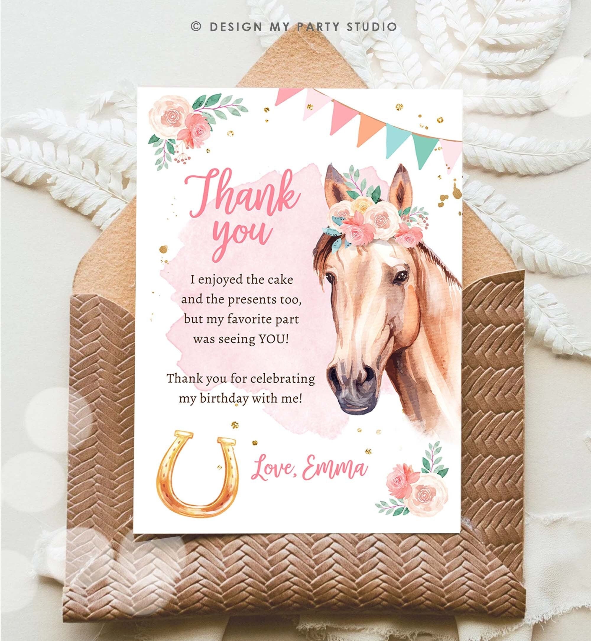 Editable Horse Birthday Thank You Card Card Girl Horse Party Cowgirl Pink Floral Flowers Saddle Up Download Digital Template Printable 0398