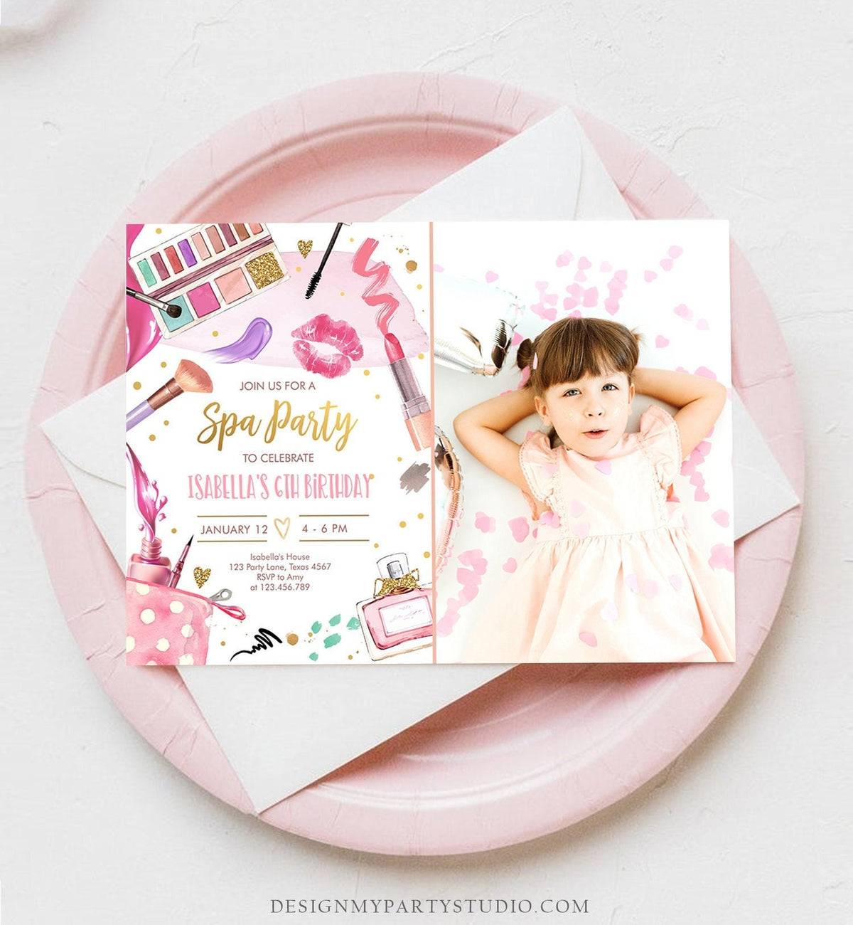 Editable Spa Birthday Invitation Party Glitters and Glamour Fashion Makeup Pink Gold Girl Digital Download Evite Template Printable 0420