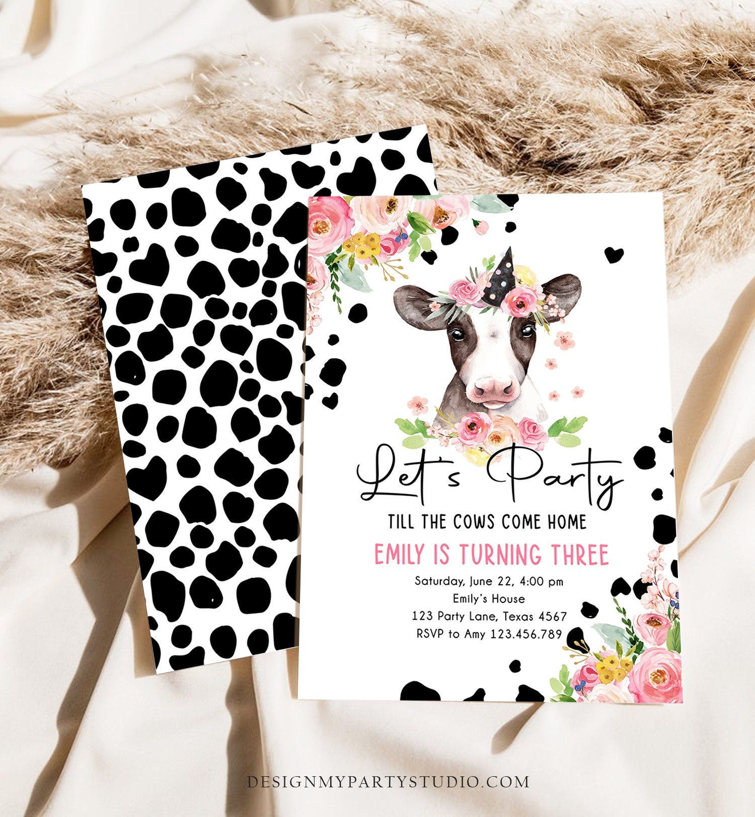 Editable Cow Birthday Invitation Girl Farm Animals Let's Party Till The Cowgirl Come Home Holy 1st Digital Download Template Printable 0434