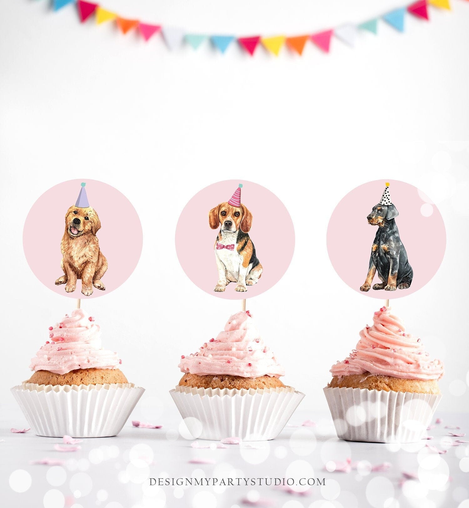 Puppy Dog Cupcake Toppers Puppy Favor Tags Puppy Birthday Dog Pink Girl Pet Birthday Party Pup Puppies Decor Download Digital Printable 0384