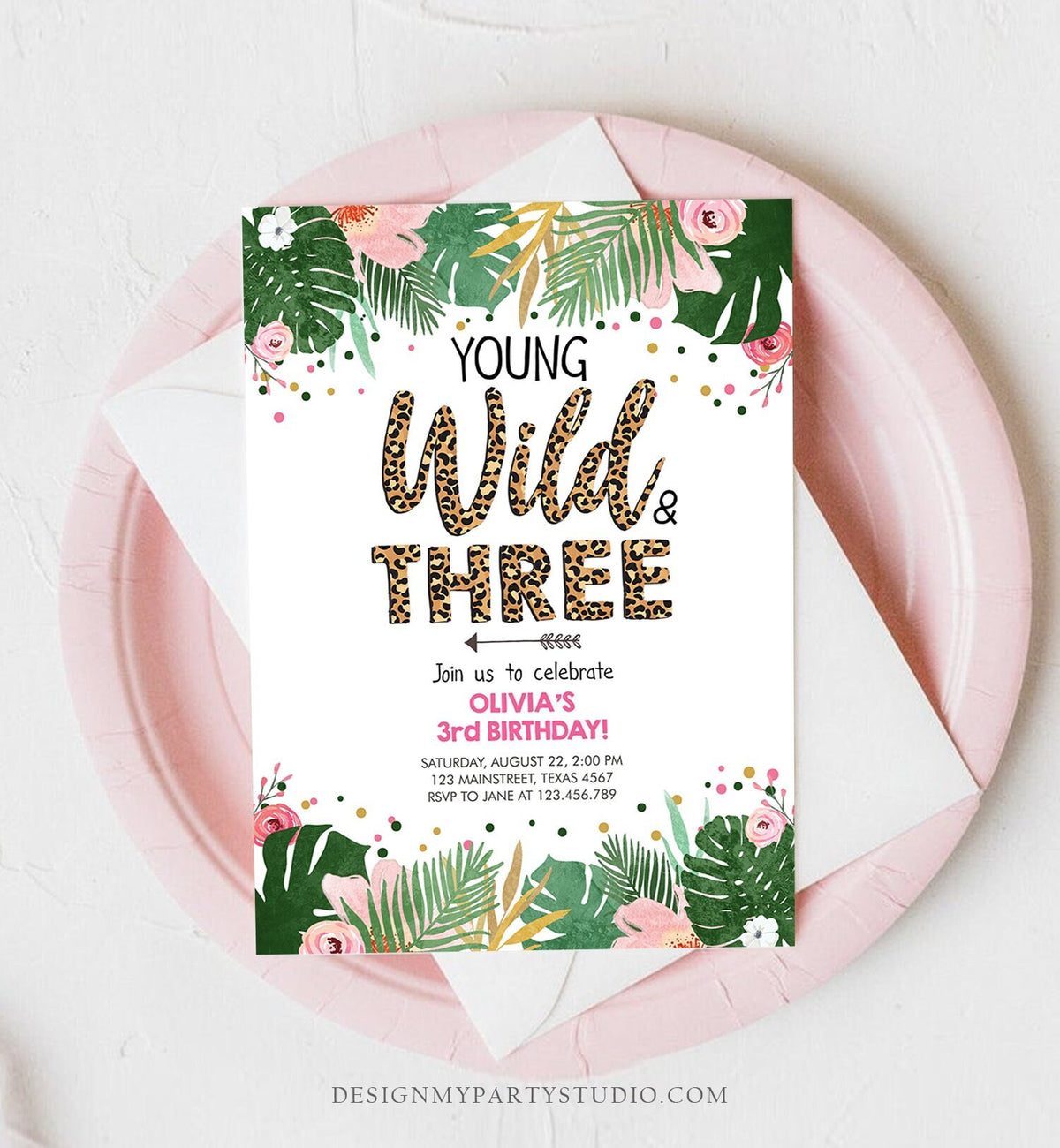 Editable Young Wild and Three Birthday Invitation Girl Tropical Safari Leopard Print Wild and Three Download Corjl Template Printable 0332