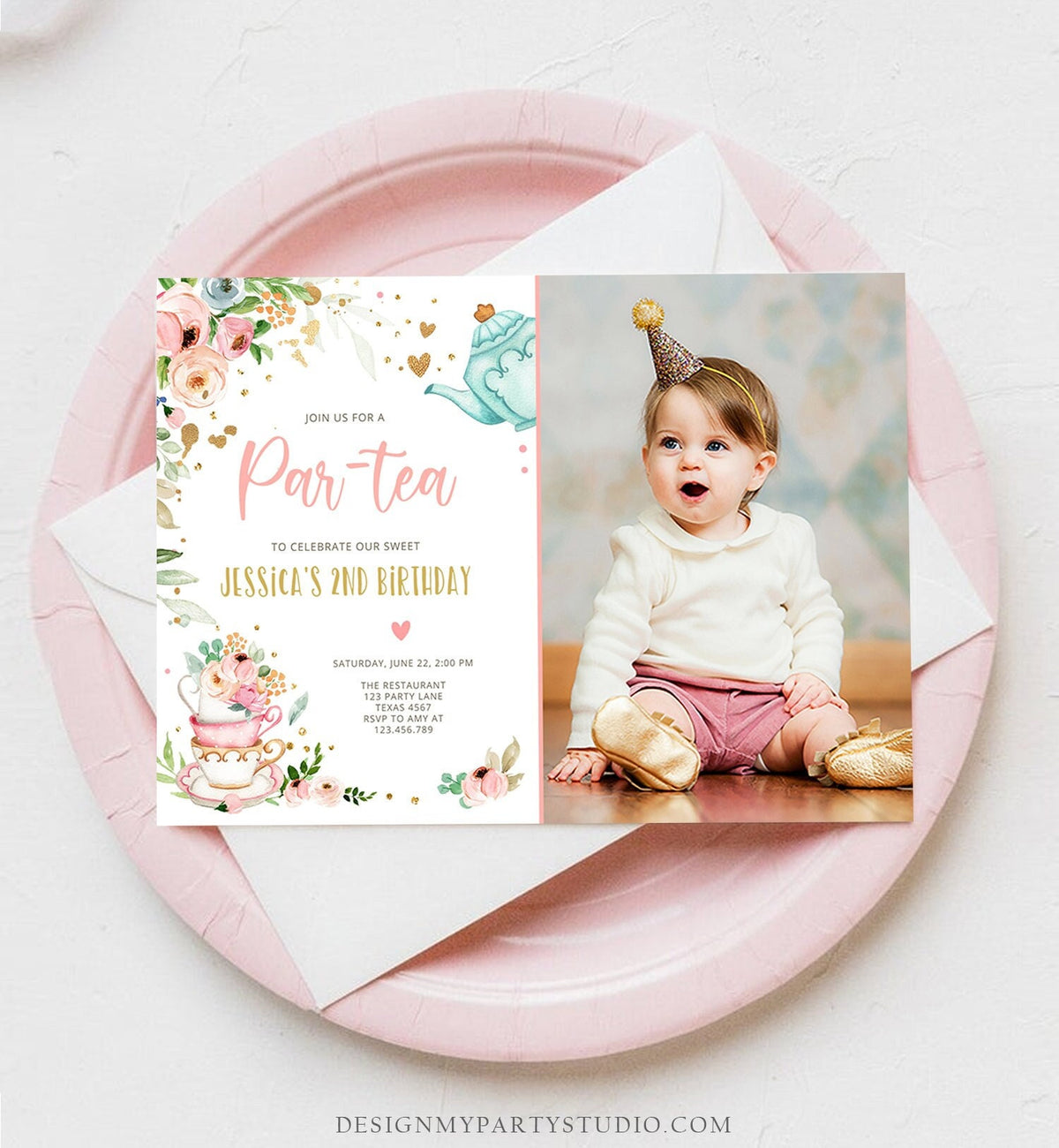 Editable Tea Party Birthday Invitation Par-Tea Birthday Invite Pink and Gold Floral Whimsical Download Printable Template Corjl Digital 0349