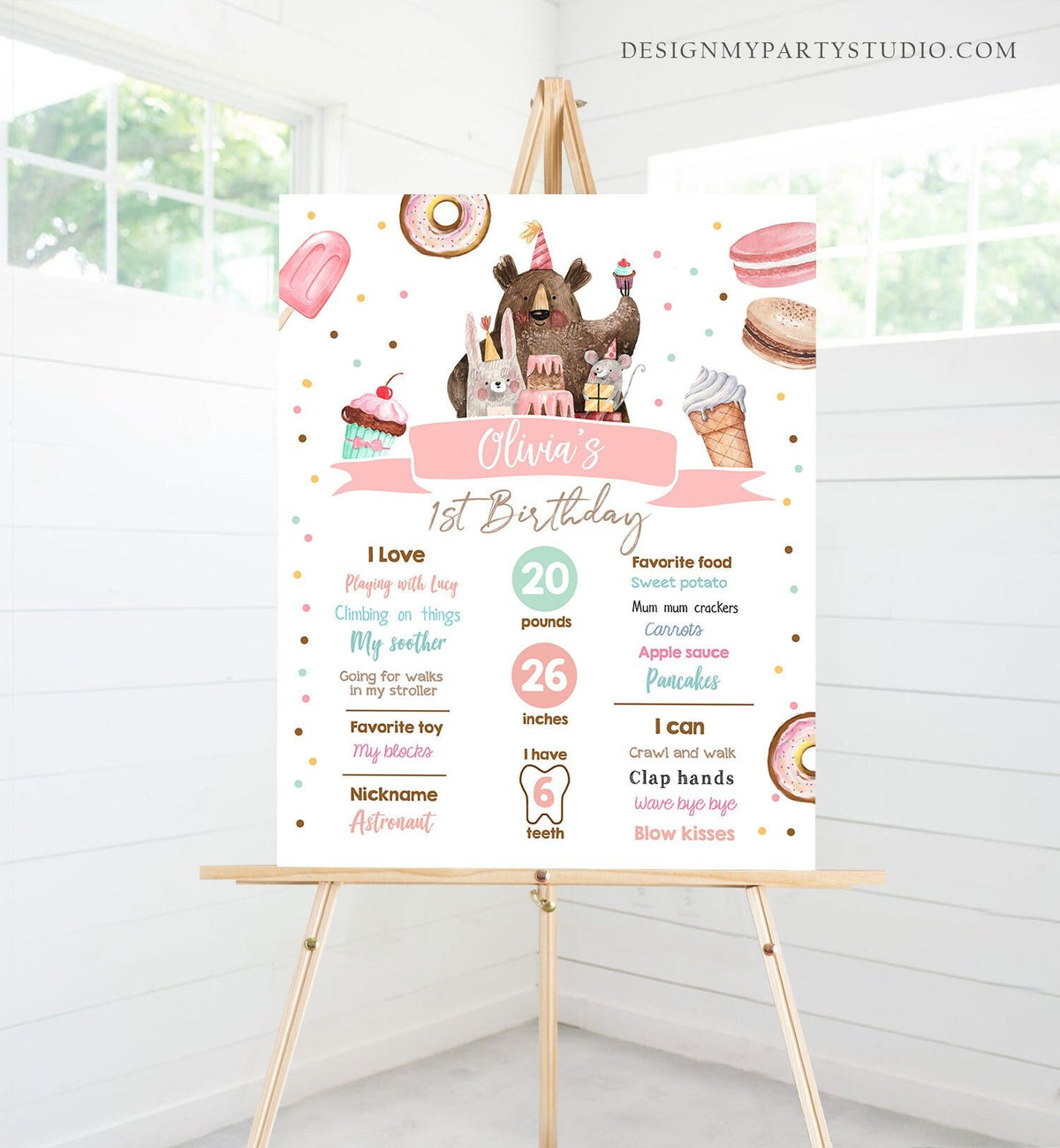 Editable Sweet One Birthday Milestones Sign Sweet Celebration First Birthday 1st Birthday Girl Donut Ice Cream Corjl Template Printable 0373