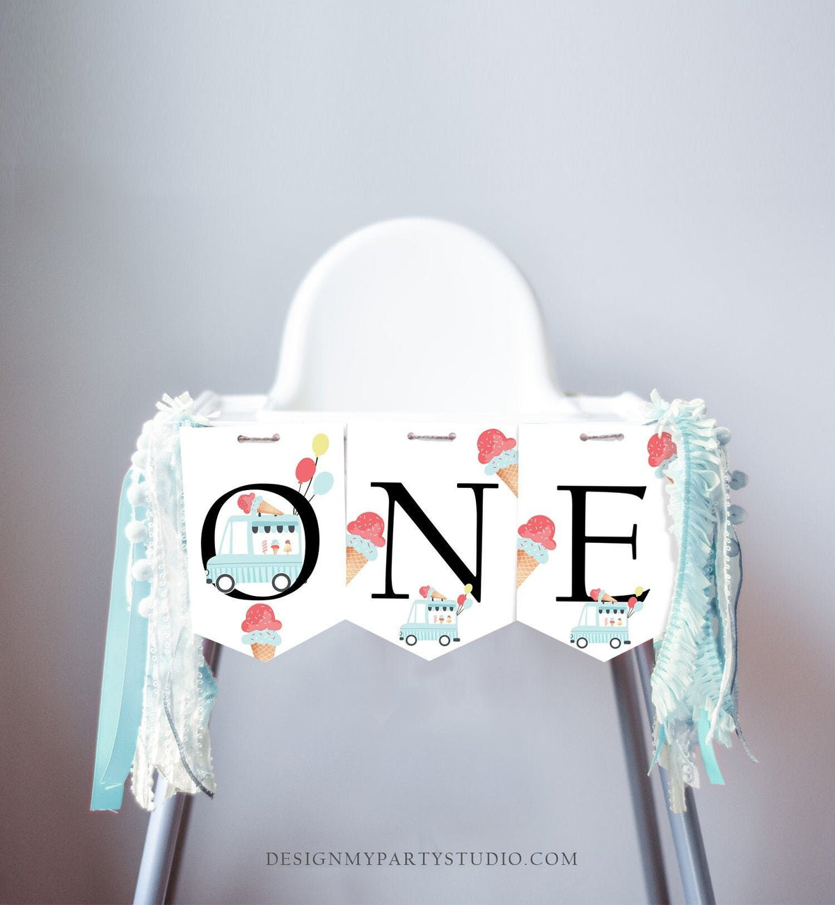 Ice Cream Truck High Chair Banner Modern Mint Blue Ice Cream 1st First Birthday Boy High Chair ONE Banner Sweet One PRINTABLE Digital 0415
