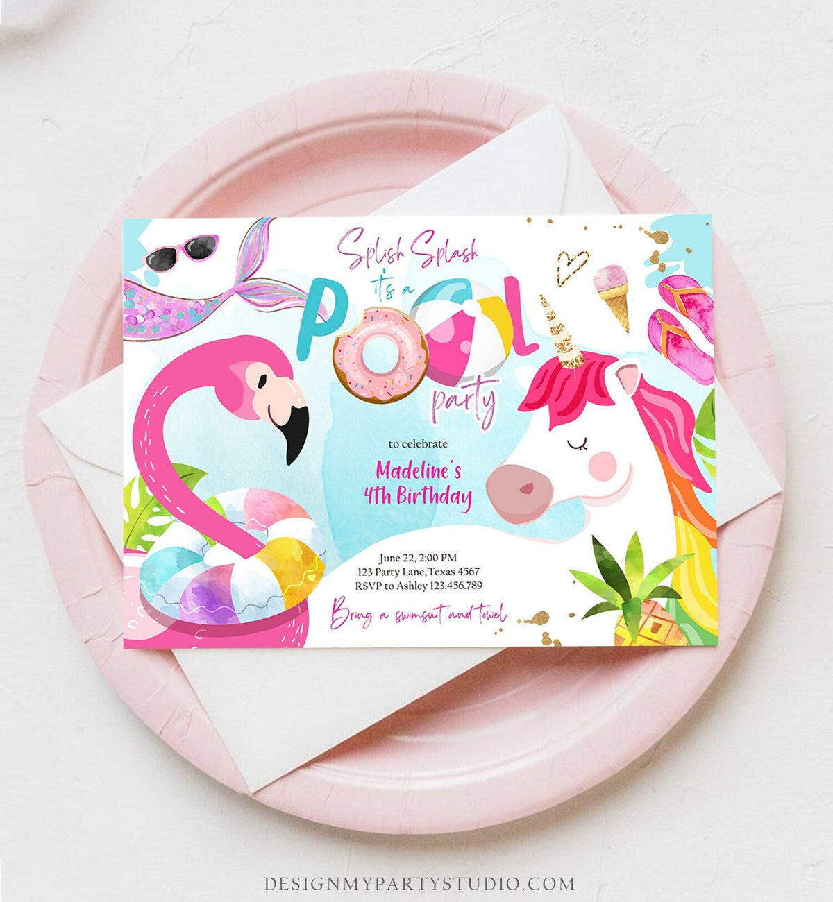 Editable Pool Party Invitation Pool Party Bash Invite Girl Pink Unicorn Float Flamingo Tropical Download Printable Template Corjl 0416