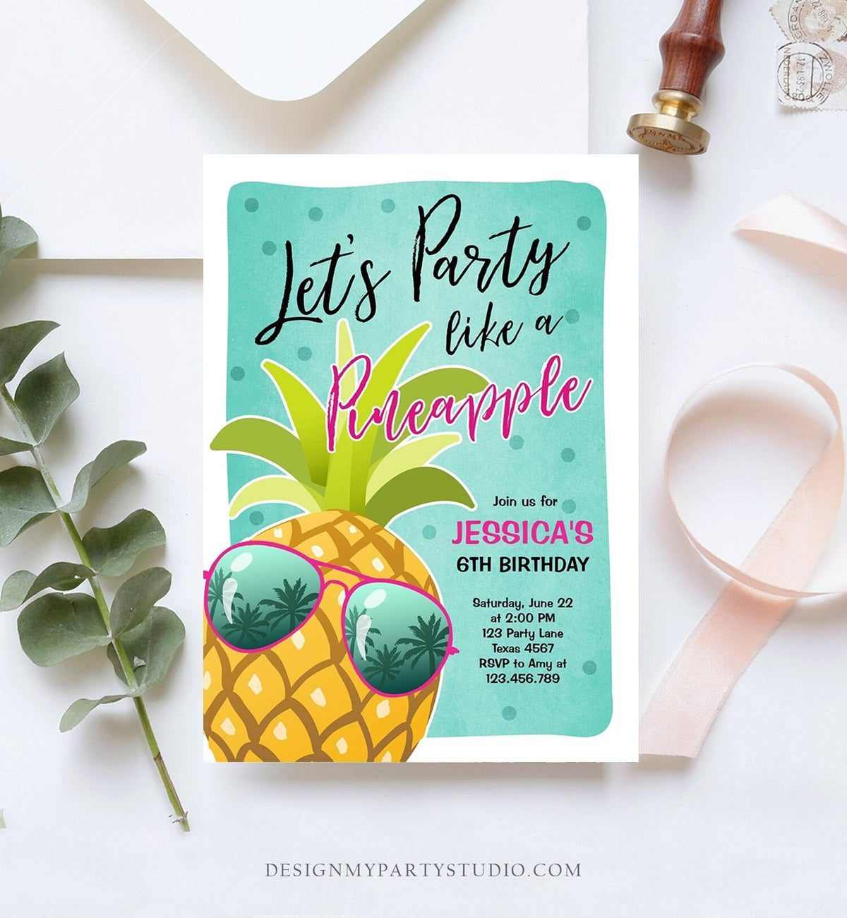 Editable Pineapple Birthday Invitation Lets Party Like a Pineapple Invite Tropical Party Aloha Girl Download Printable Template Corjl 0203