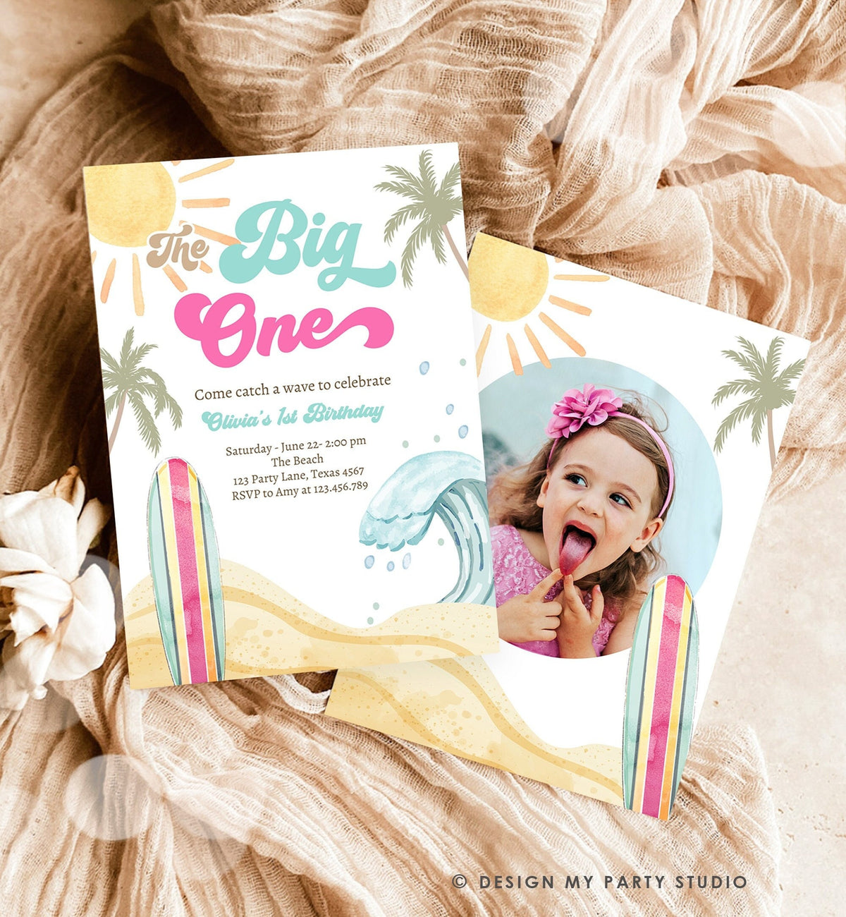 Editable The Big One Surf 1st Birthday Invitation Retro Surfboard Beach Party Girl Pink Surfer Boho Download Template Corjl Digital 0433