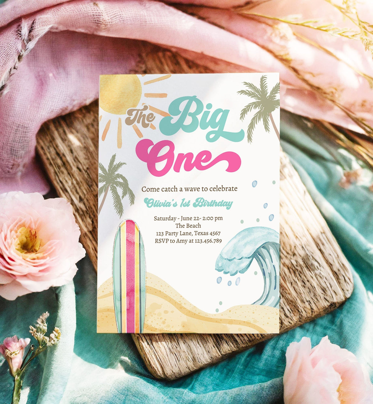 Editable The Big One Surf 1st Birthday Invitation Retro Surfboard Beach Party Girl Pink Surfer Boho Digital Download Template Printable 0433