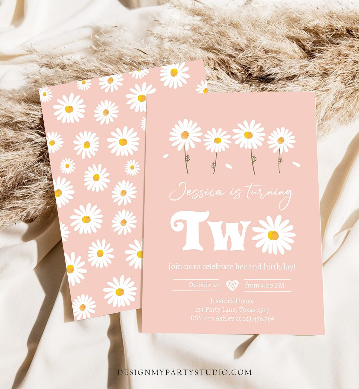 Editable Daisy Birthday Party Invitation 2nd Birthday Two Floral Bohemian Girl Boho Pink 1st Digital Download Evite Template Printable 0410