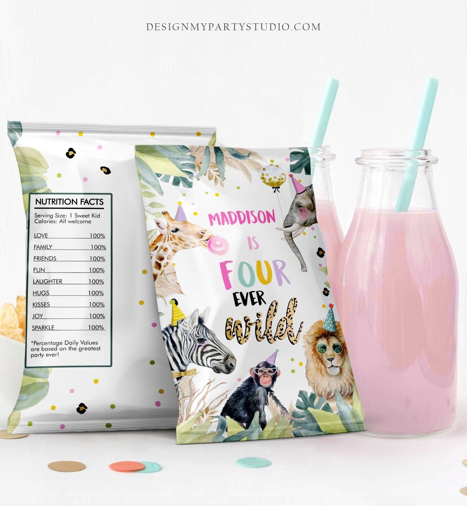Editable Four Ever Wild Chip Bag Party Animals Birthday Decor Girl Zoo Safari Animals Pink Snack Four 4th Digital Template Printable 0417