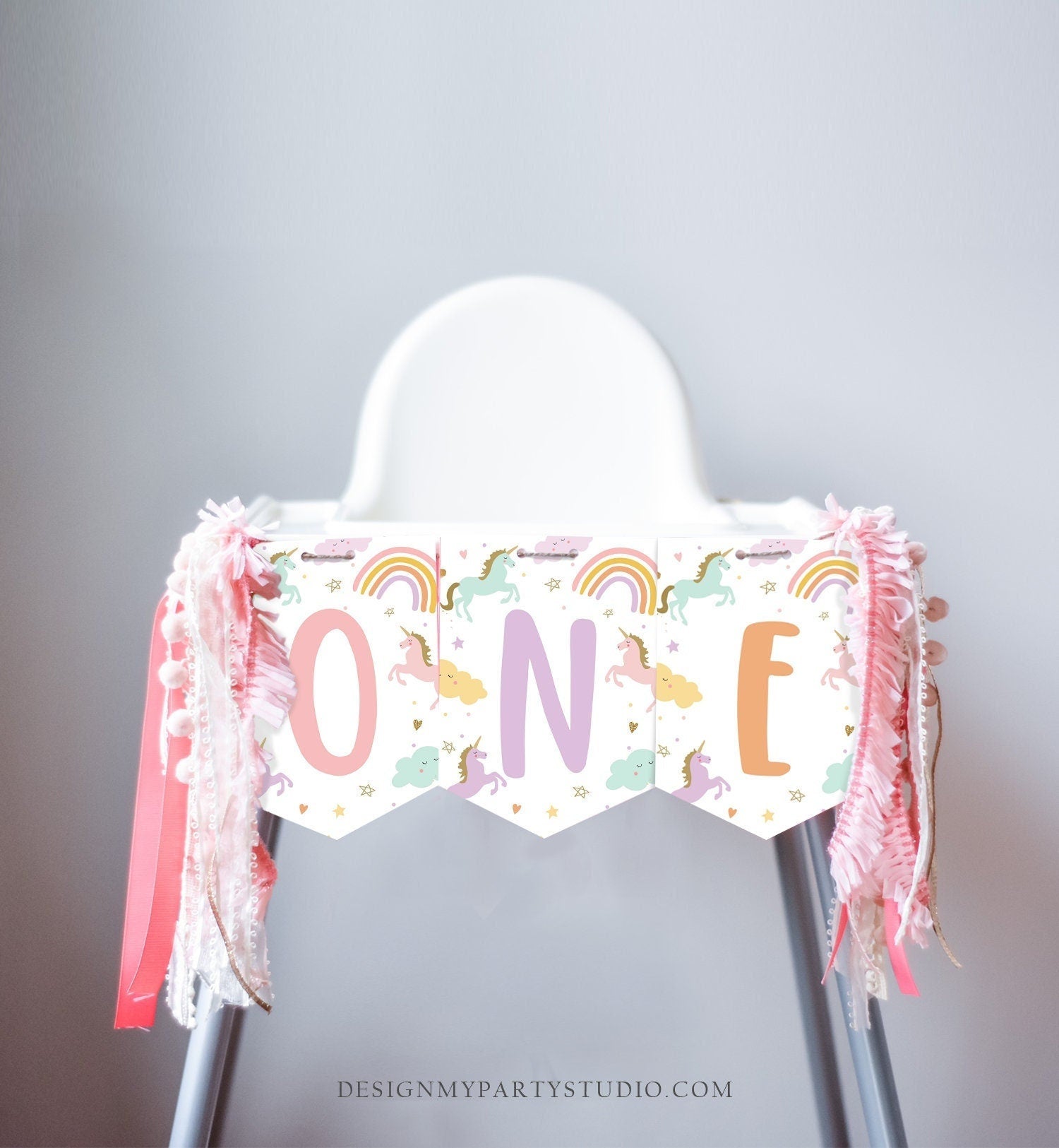 Unicorn High Chair Banner Magical Unicorn Girl 1st First Birthday Pink High Chair Decor ONE Pastel Rainbow Party Digital Printable 0426