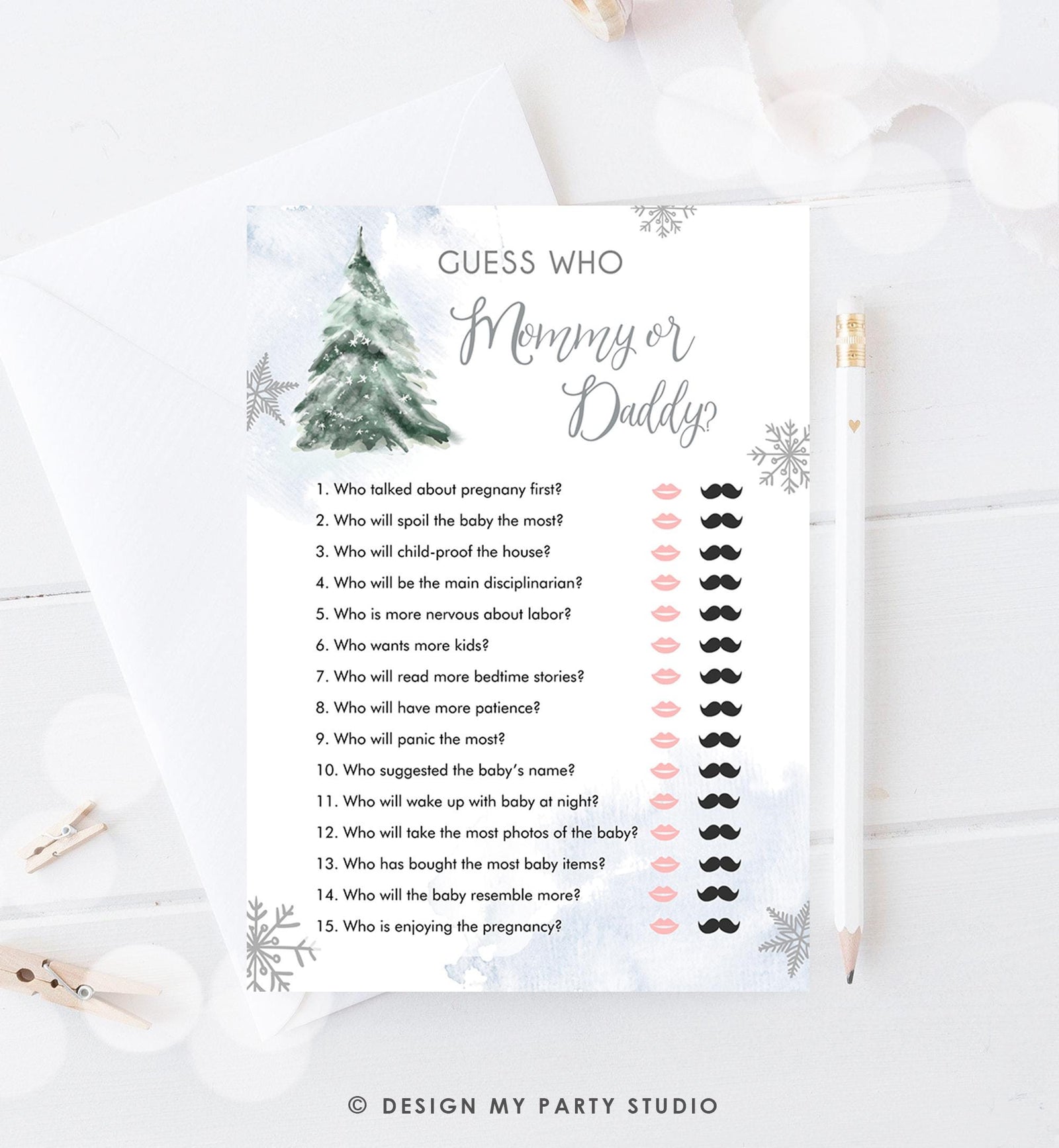 Editable Guess Who Mommy or Daddy Baby Shower Game Winter Baby Shower Cold Outside Girl Blue Tree Watercolor Digital Template Printable 0363