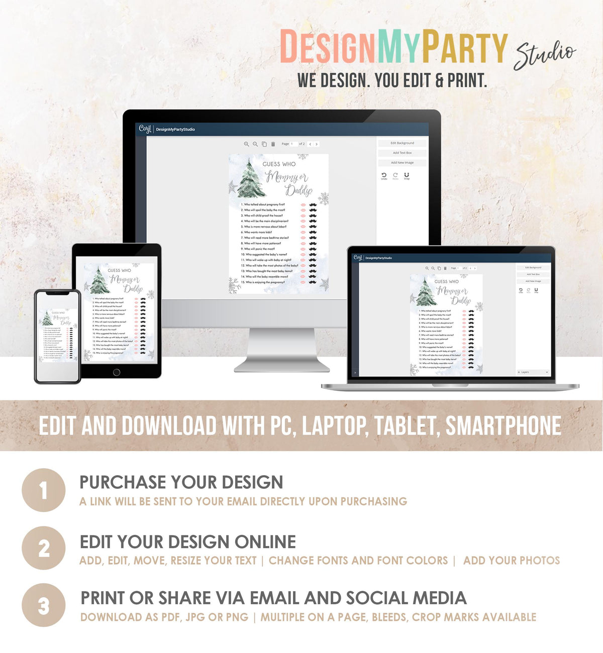 Editable Guess Who Mommy or Daddy Baby Shower Game Winter Baby Shower Cold Outside Girl Blue Tree Watercolor Digital Template Printable 0363