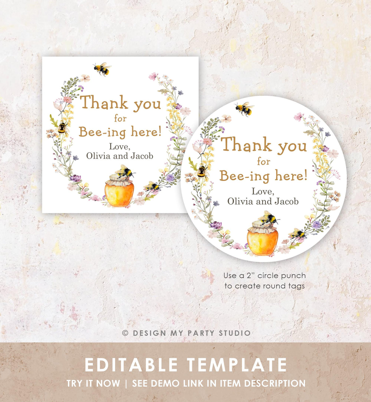Editable Rustic Bee Favor Tags Bee Gender Reveal Baby Shower Honey Bee Birthday Thank You for Bee-ing Here Digital Template Printable 0502