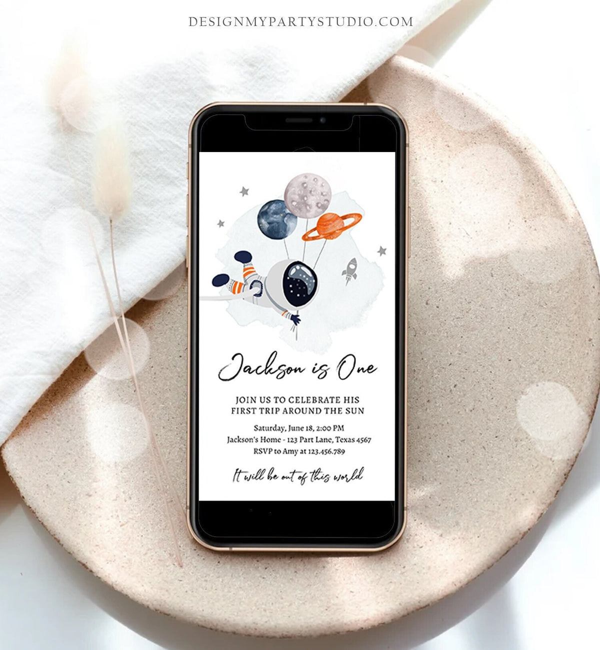 Editable Outer Space Birthday Evite Out of this World Astronaut Trip Around the Sun Digital Download Electronic Smartphone Template 0366