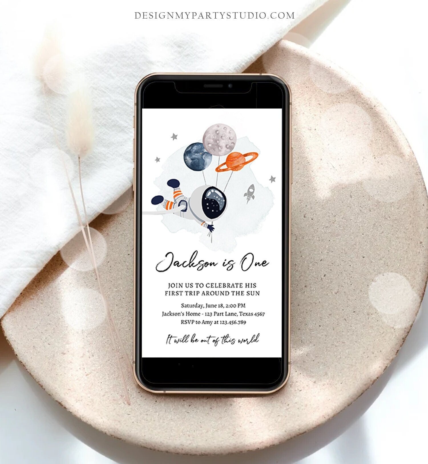 Editable Outer Space Birthday Evite Out of this World Astronaut Trip Around the Sun Digital Download Electronic Smartphone Template 0366