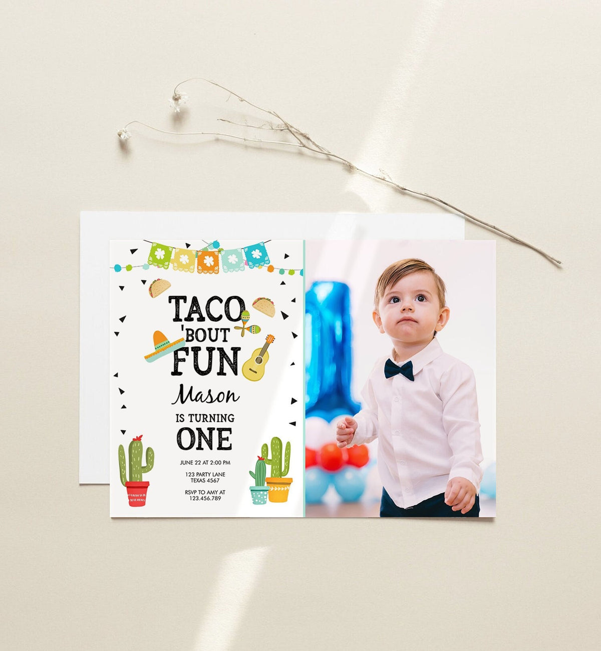 Editable Taco Bout Fun Birthday Invitation Boy First Fiesta Mexican Cactus Sombrero Blue Digital Download Evite Template Printable 0161