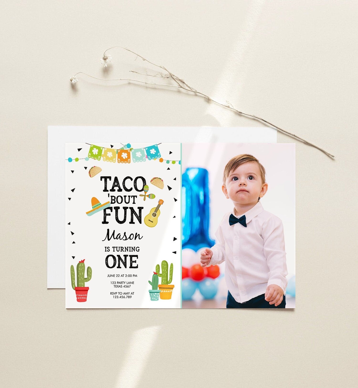 Editable Taco Bout Fun Birthday Invitation Boy First Fiesta Mexican Cactus Sombrero Blue Digital Download Evite Template Printable 0161