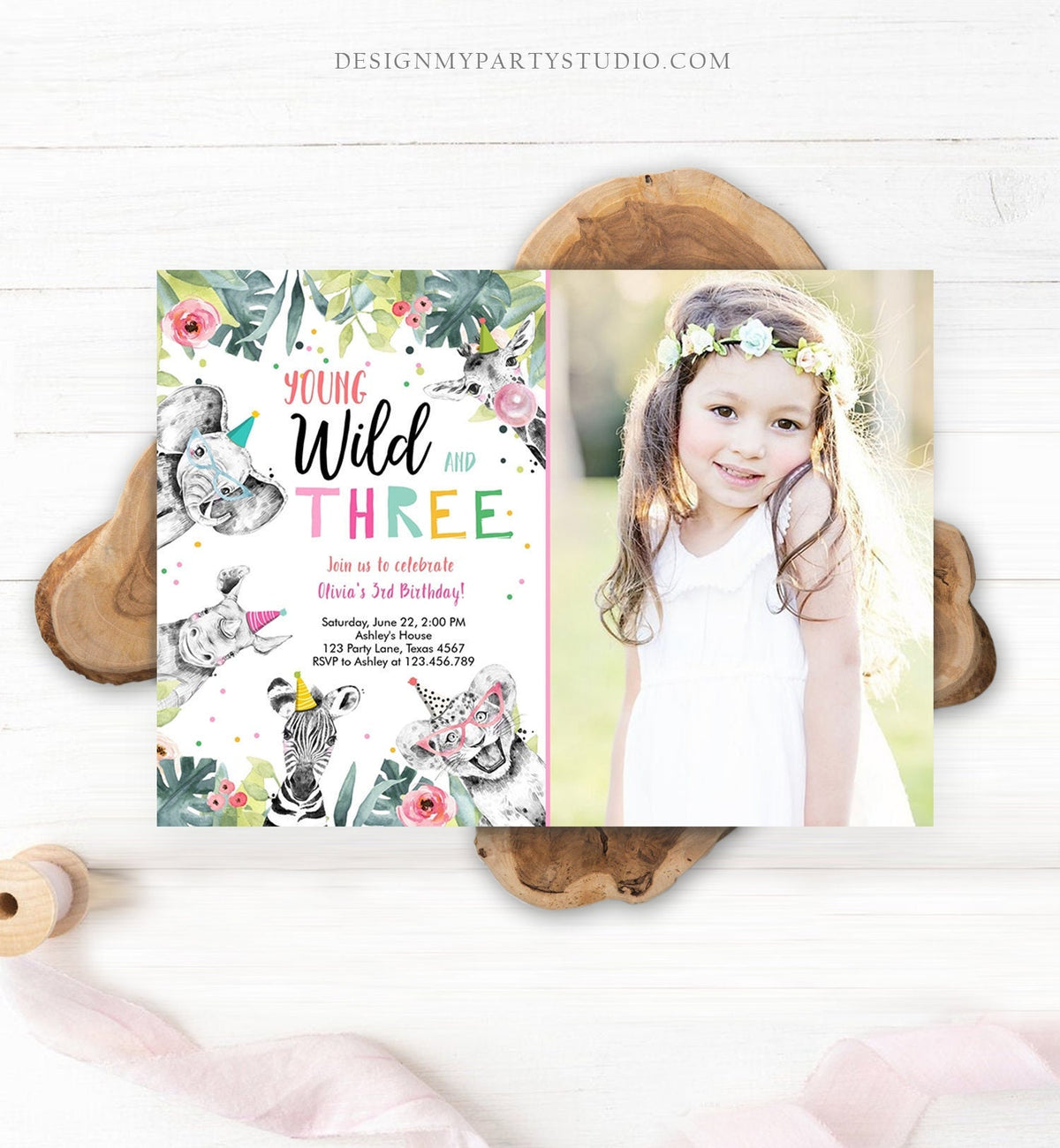 Editable Young Wild and Three Invitation Girl Pink and Gold Party Safari Animals Zoo Digital Download Evite Template Printable 0322
