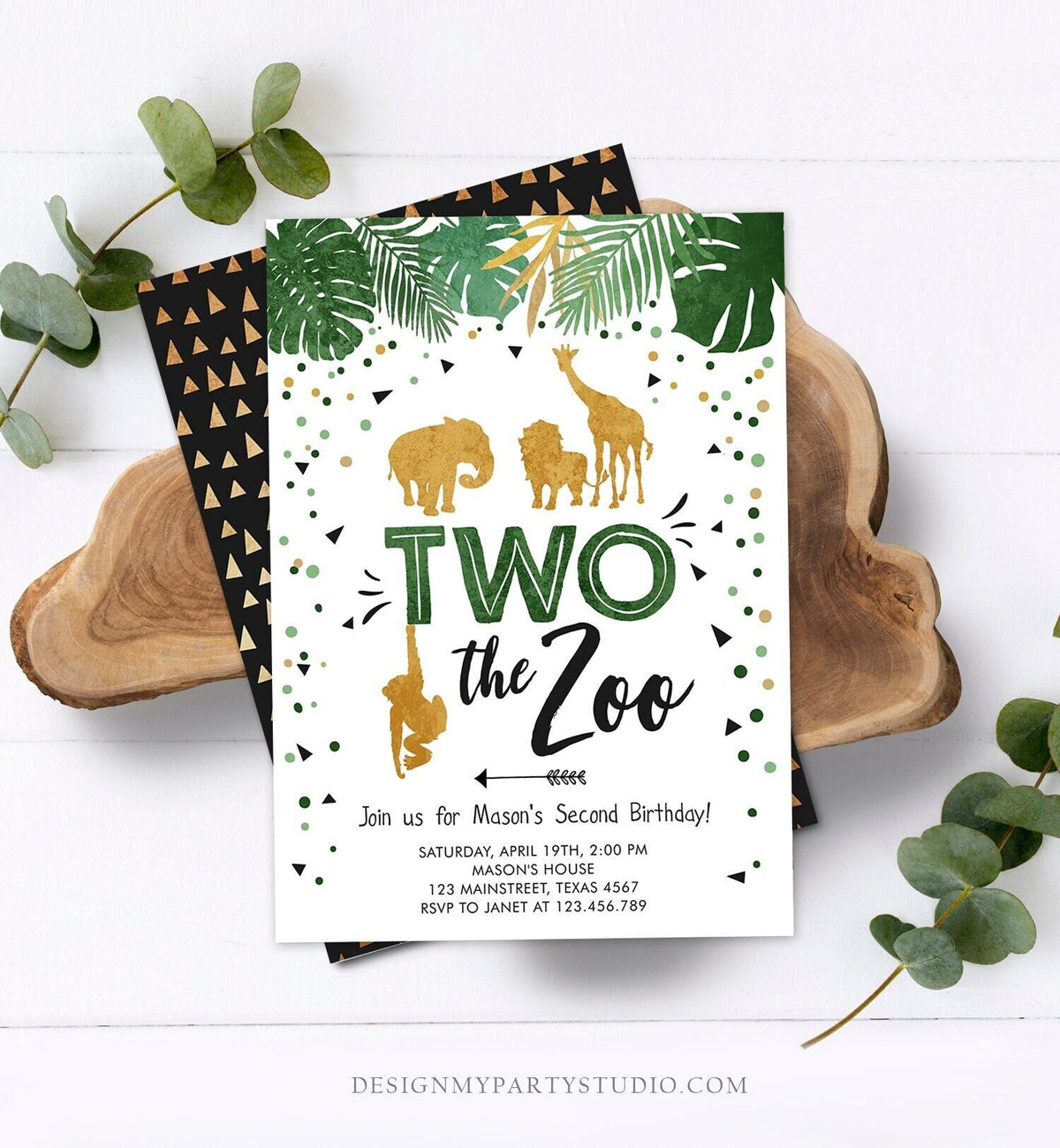 Editable Two the Zoo Birthday Invitation Party Safari Animals Jungle Boy Second Birthday 2nd Two Wild Gold Digital Template Printable 0016