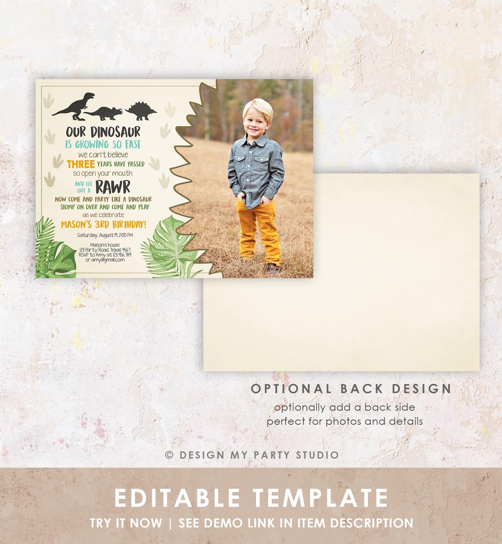 Editable Dinosaur Birthday Invitation Dino Dig Party Prehistoric Boy Photo T-Rex RAWR Digital Download Evite Template Printable 0043
