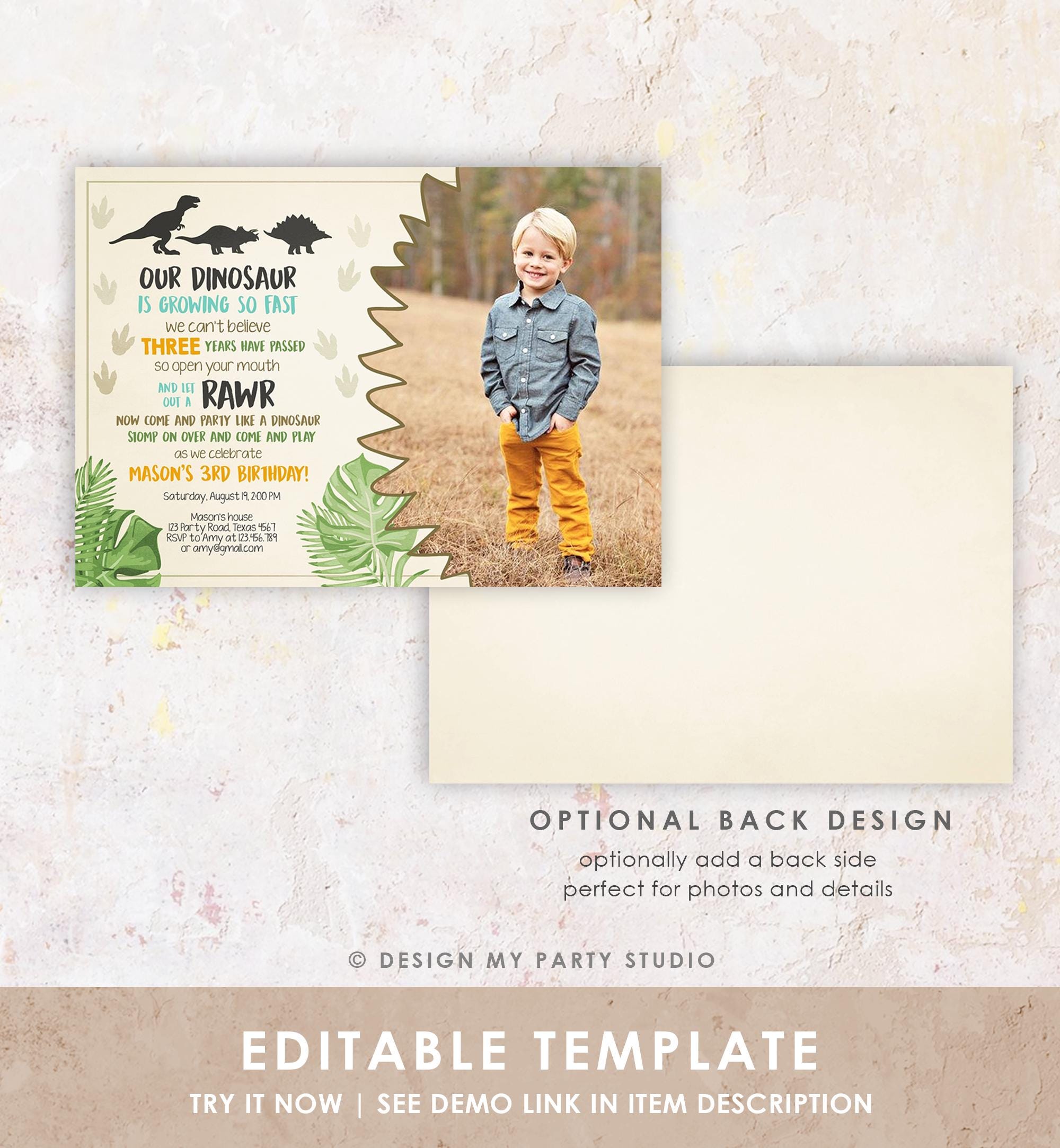 Editable Dinosaur Birthday Invitation Dino Dig Party Prehistoric Boy Photo T-Rex RAWR Digital Download Evite Template Printable 0043