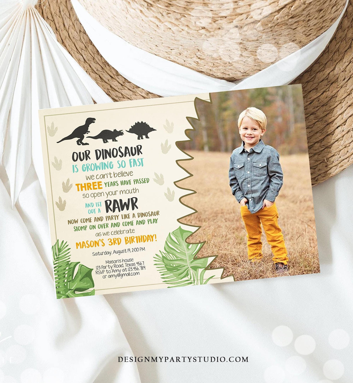 Editable Dinosaur Birthday Invitation Dino Dig Party Prehistoric Boy Photo T-Rex RAWR Digital Download Evite Template Printable 0043