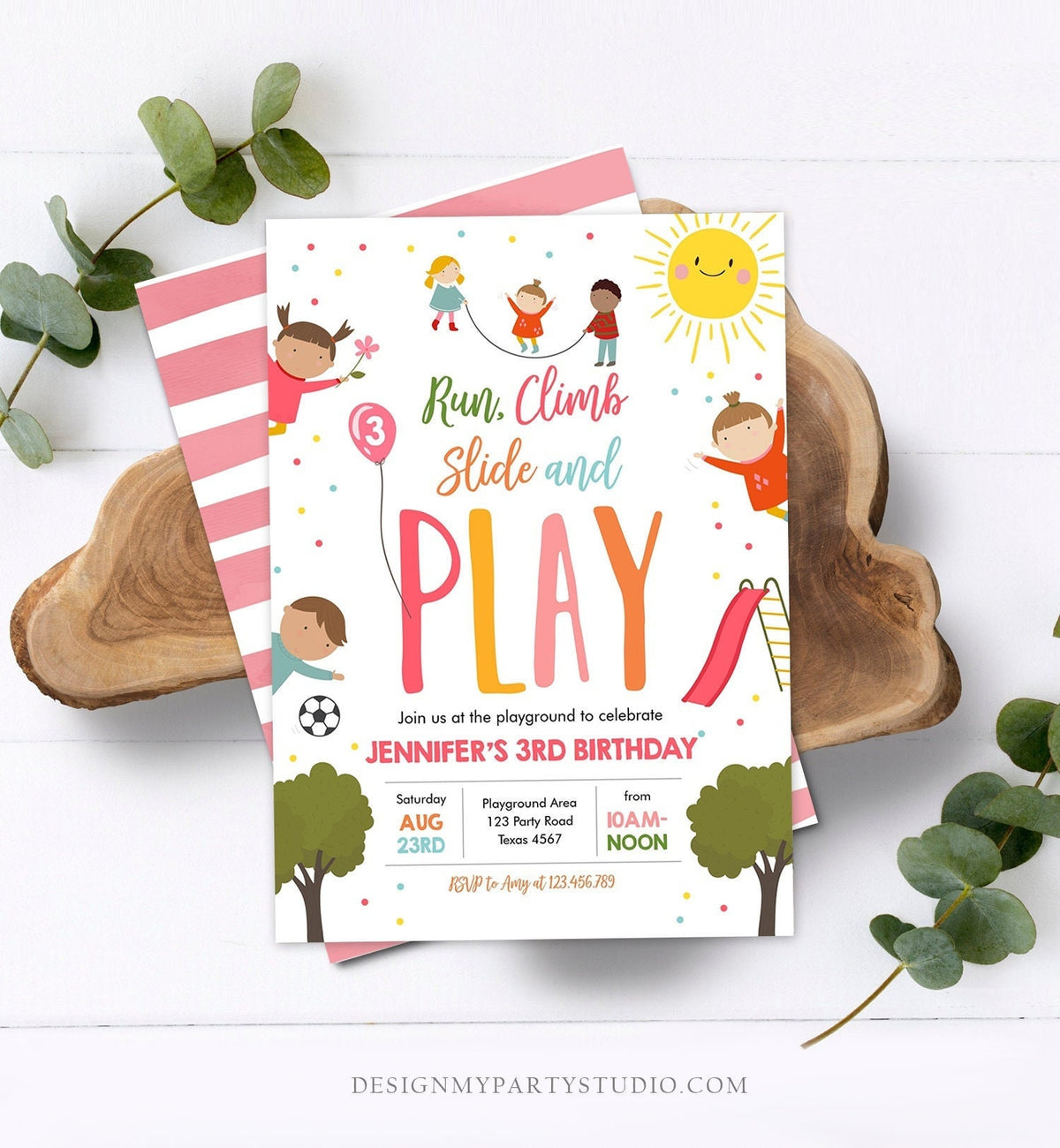 Editable Playground Birthday Invitation Party In The Park Girl Pink Run Climb Slide and Play Digital Download Evite Template Printable 0327