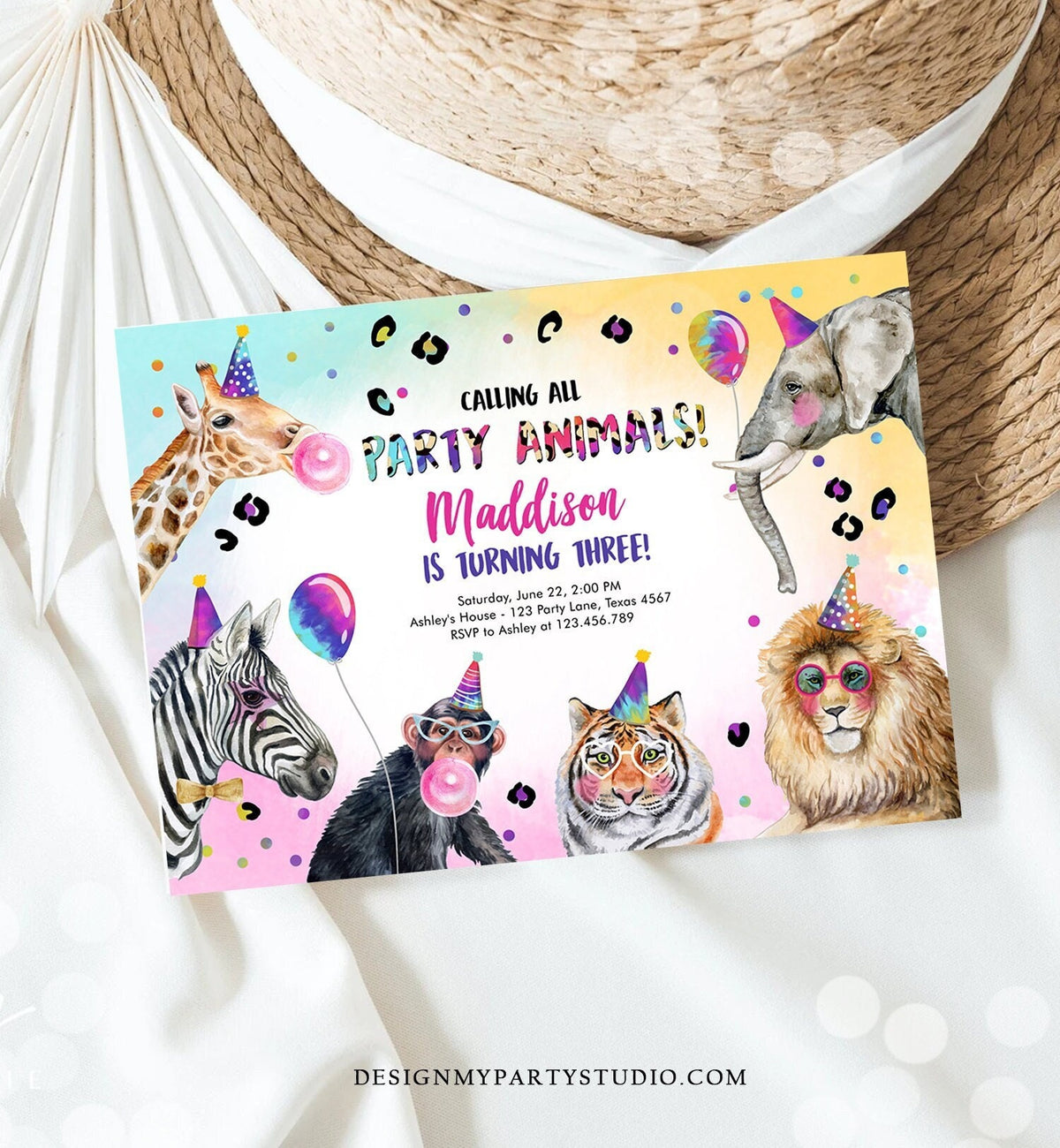 Editable Party Animals Birthday Invitation Rainbow Animals Invitation Zoo Safari Animals Girl Digital Download Evite Template Printable 0461
