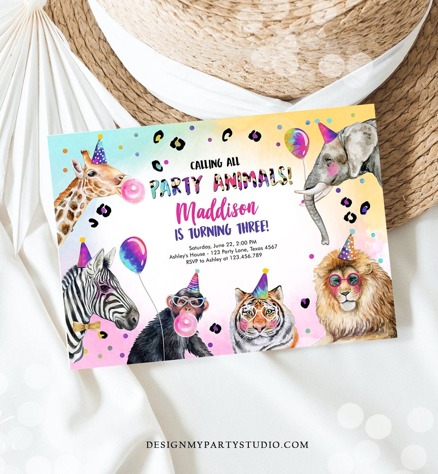 Editable Party Animals Birthday Invitation Rainbow Animals Invitation Zoo Safari Animals Girl Digital Download Evite Template Printable 0461