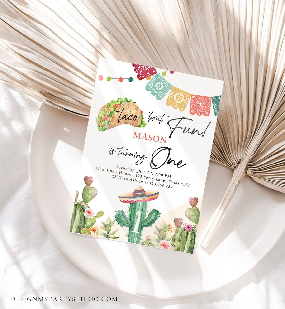Editable Taco Bout Fun Birthday Invitation Cactus First Fiesta Cactus Mexican Desert Floral Digital Download Evite Template Printable 0404