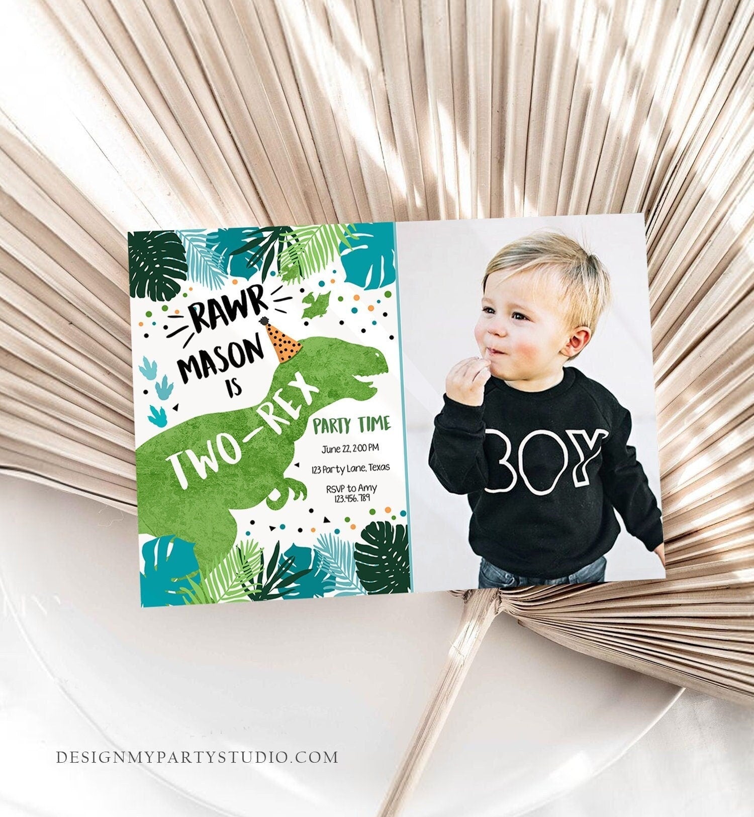 Editable Two-Rex Dinosaur Birthday Invitation Dino T-Rex Second Birthday 2nd RAWR Boy Green Blue Prehistoric Digital Template Printable 0389