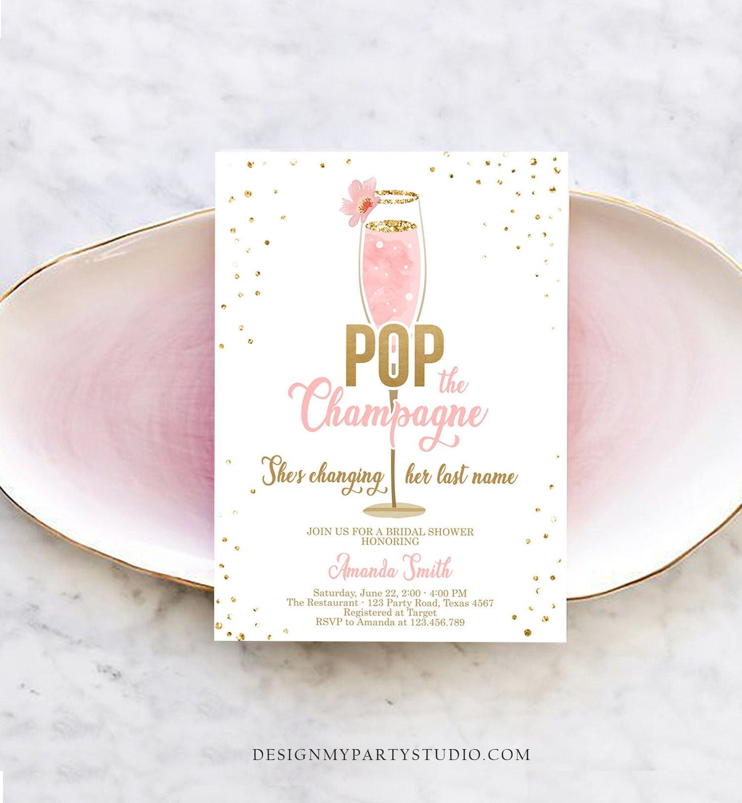 Editable Pop the Champagne Bridal Shower Invitation Shes Changing her Last Name Pink Engagement Party Download Evite Template Printable 0150
