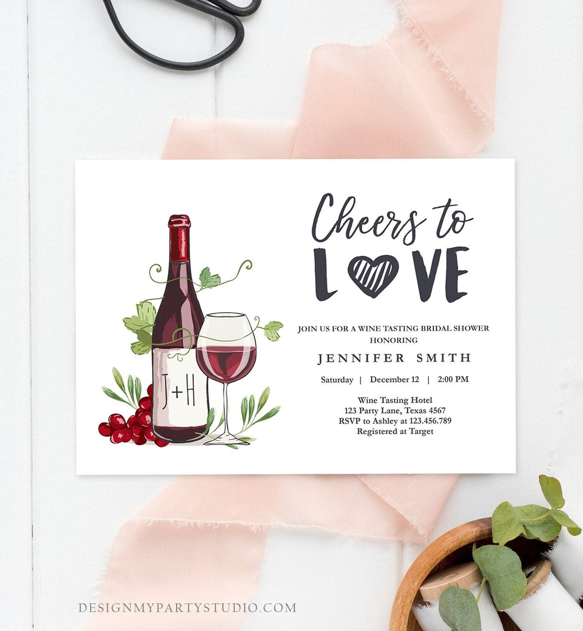 Editable Wine Bridal Shower Invitation Rustic Winery Cheers To Love Country Wine Tasting Couples Digital Download Template Printable 0234