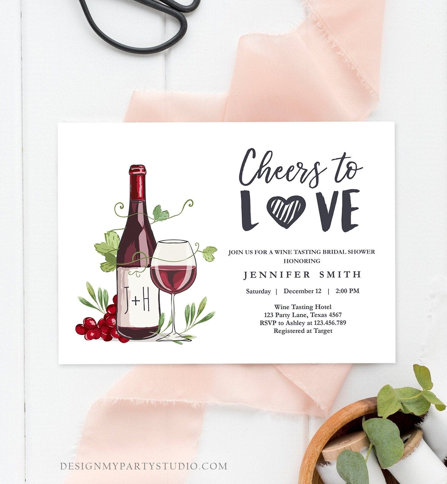 Editable Wine Bridal Shower Invitation Rustic Winery Cheers To Love Country Wine Tasting Couples Digital Download Template Printable 0234