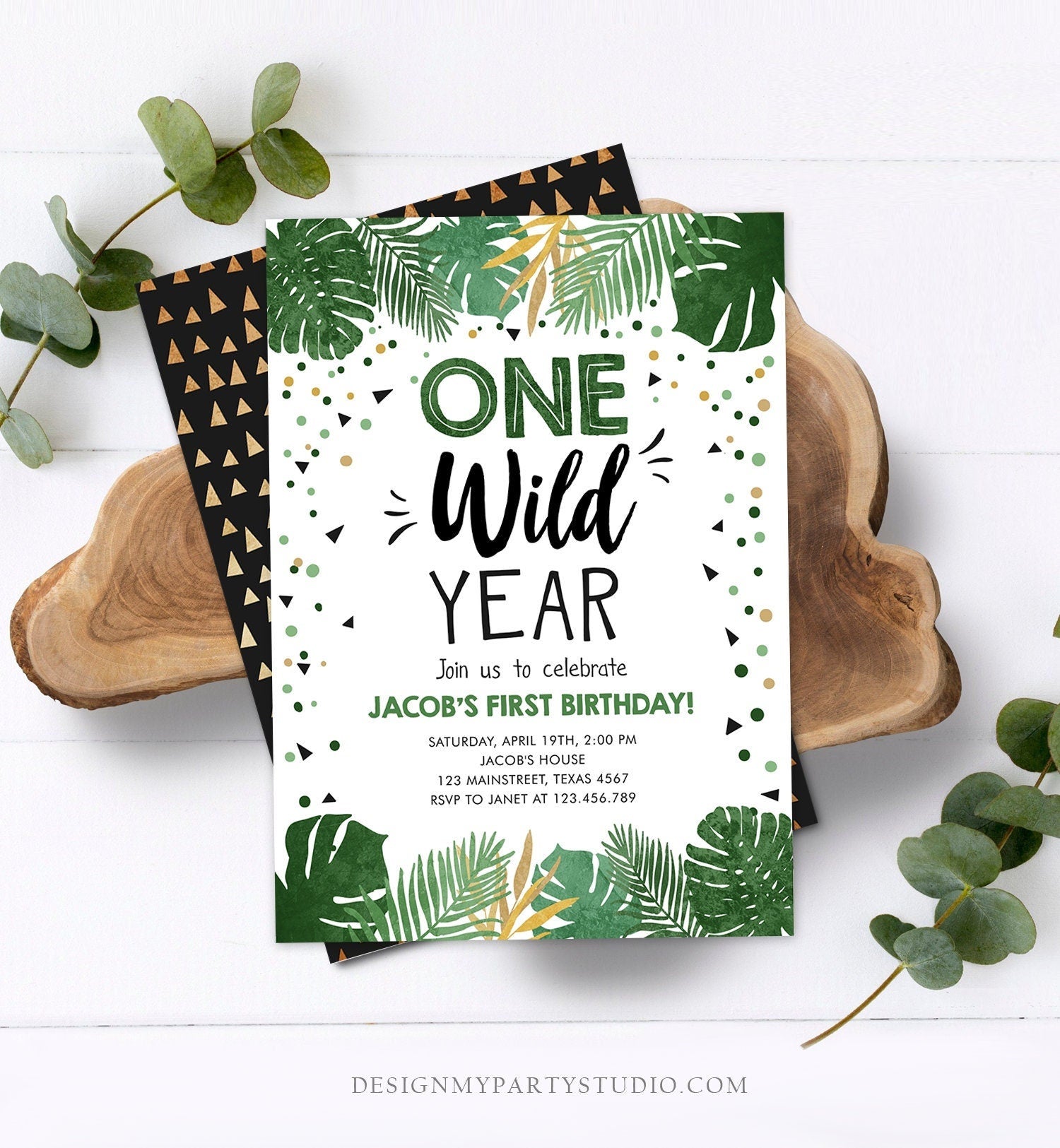 Editable One Wild Year Birthday Invitation Boy Tropical Safari Pink Jungle Wild One Wild Child Gold Digital Download Template Printable 0332