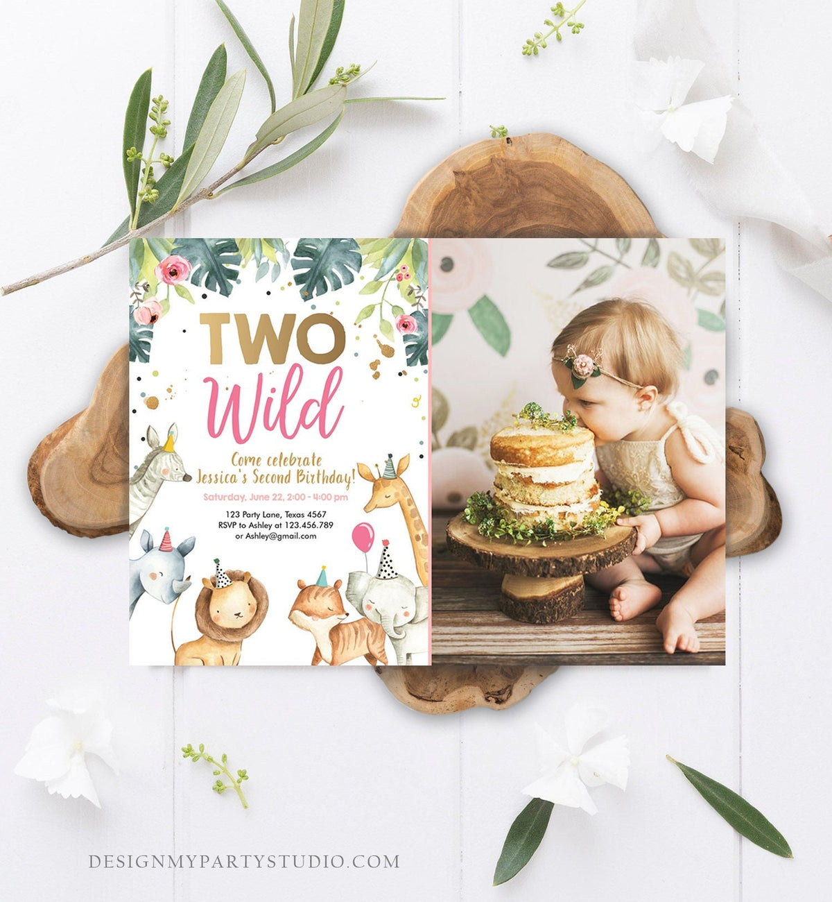 Editable Birthday Invitation Girl Two Wild Safari Animals Party Pink Gold Watercolor Zoo Digital Download Evite Template Printable 0163