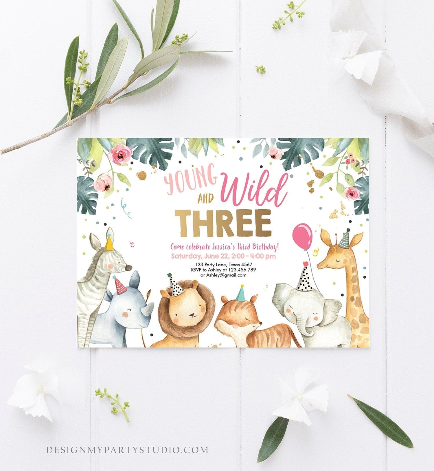 Editable Young Wild and Three Invitation Girl Pink Gold Watercolor Safari Animals Party Zoo Digital Download Evite Template Printable 0163