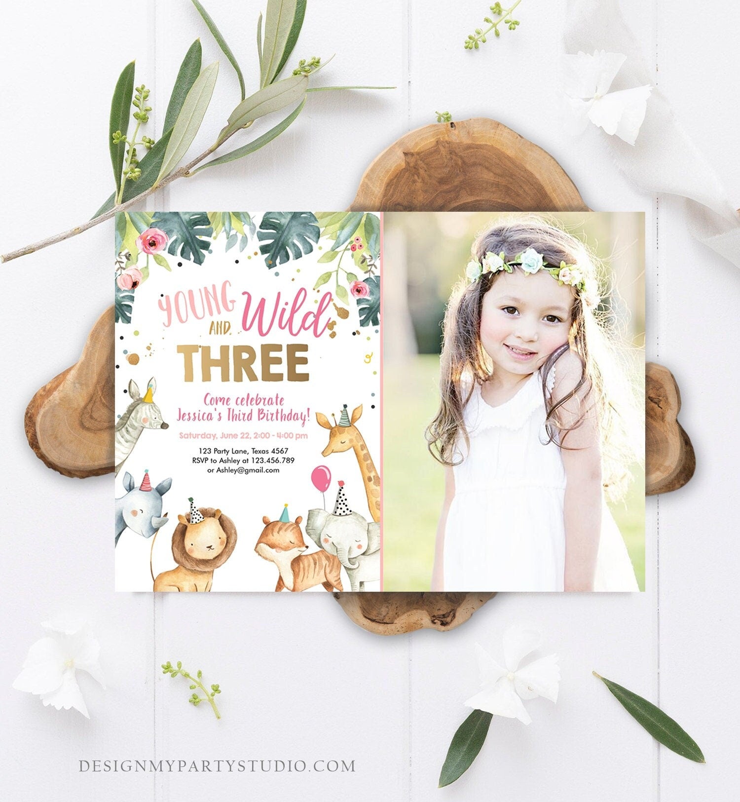 Editable Young Wild and Three Invitation Girl Pink Gold Third 3rd Safari Animals Watercolor Digital Download Evite Template Printable 0163