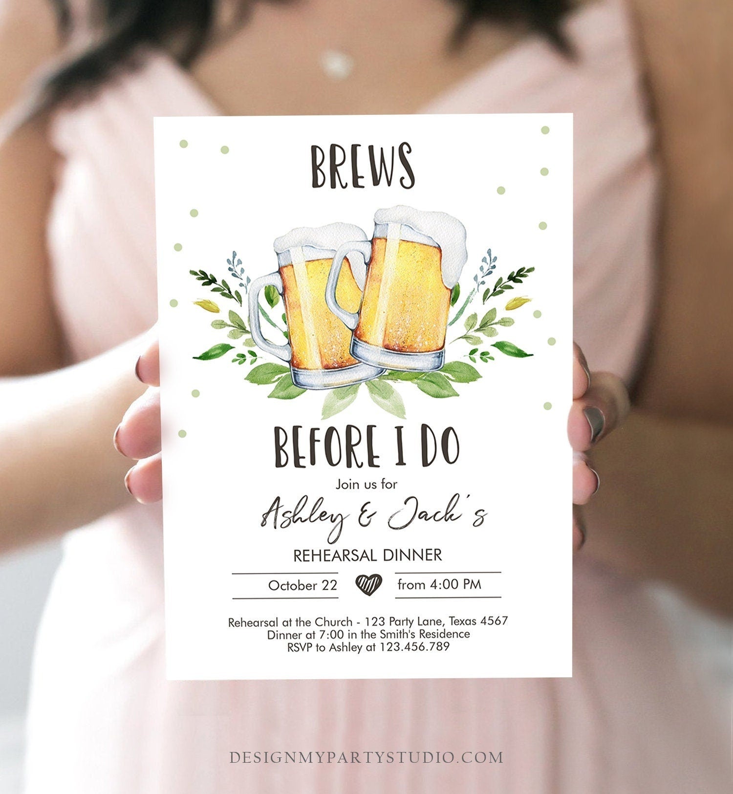 Editable Brews Before I Do Invitation Rehearsal Dinner Invitation Rustic Greenery Couples Shower Download Corjl Template Printable 0190