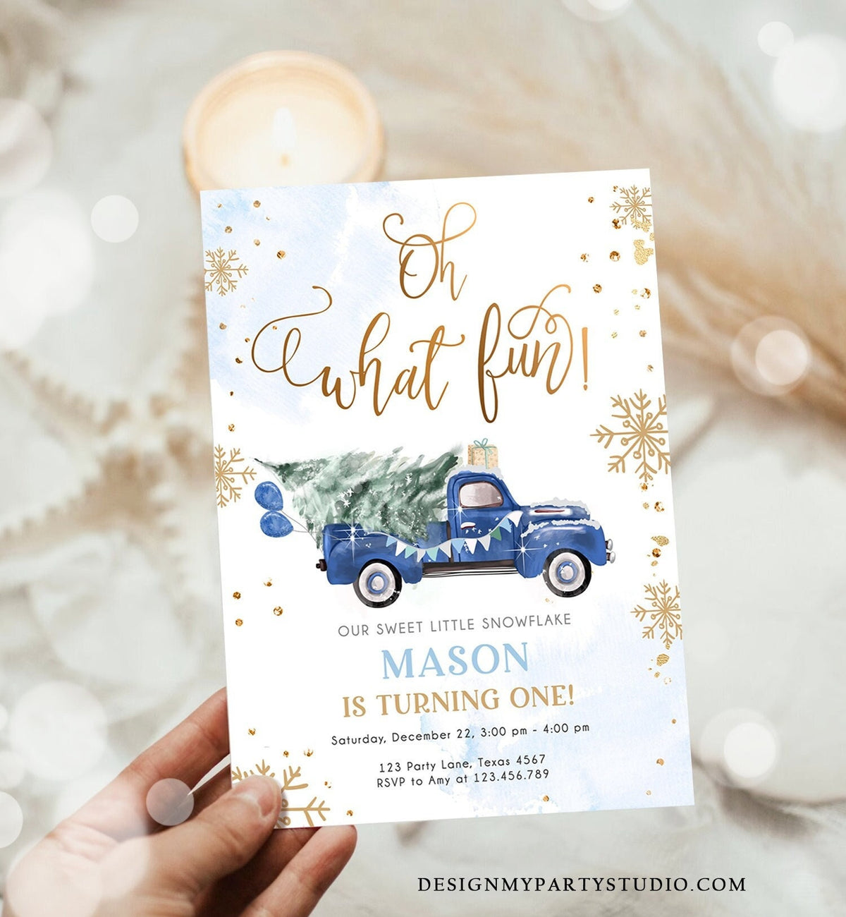 Editable Oh What Fun! Holiday 1st Winter Birthday Invitation Winter Truck Boy Christmas Party Blue Gold Digital Template Printable 0495
