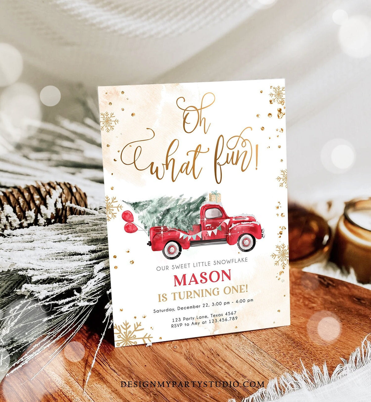 Editable Oh What Fun! Holiday 1st Winter Birthday Invitation Winter Truck Boy Christmas Party Red Truck Gold Digital Template Printable 0495