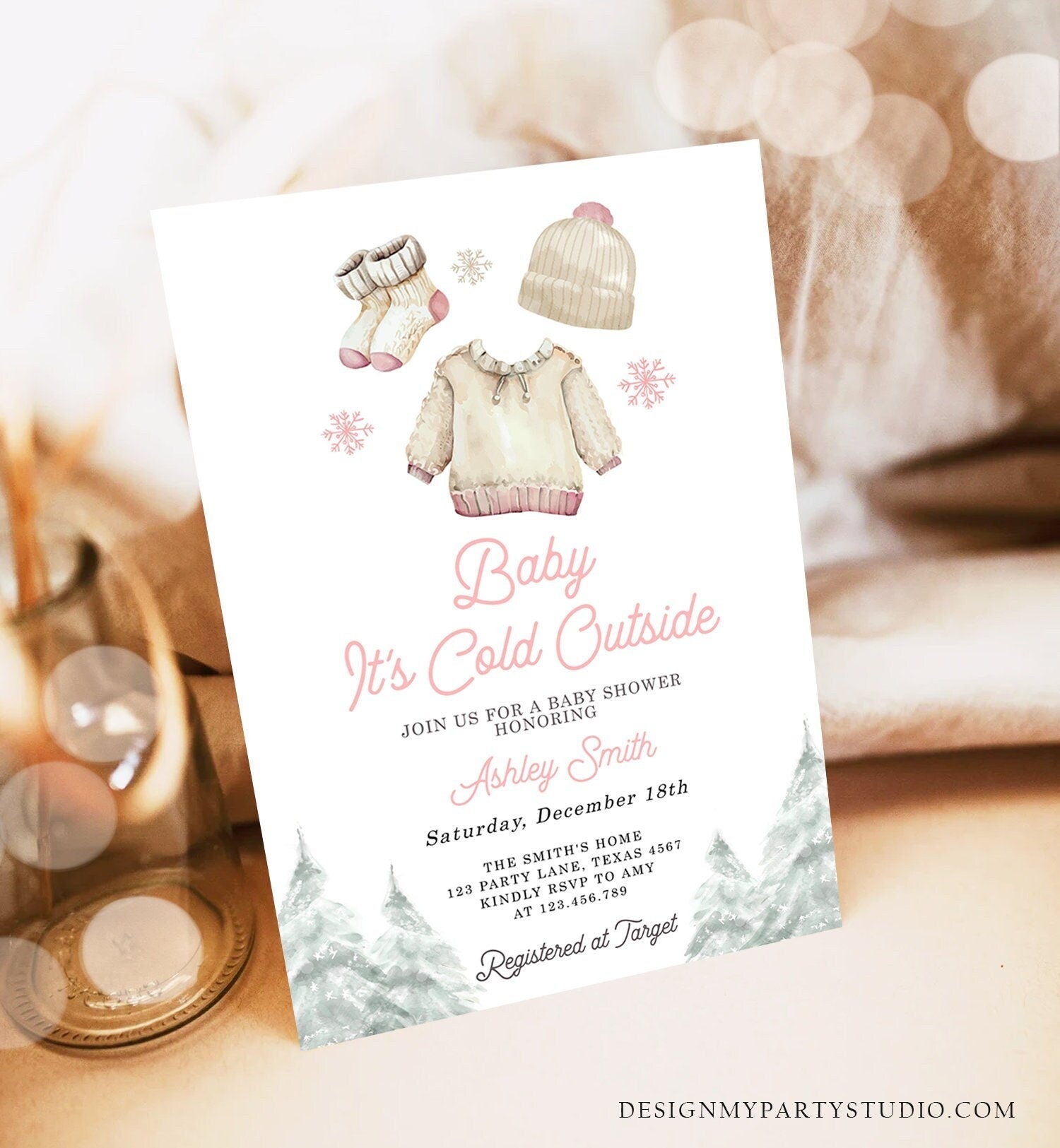 Editable Baby It's Cold Outside Invitation Winter Baby Shower Girl Christmas Pink Baby Clothes Watercolor Digital Template Printable 0491